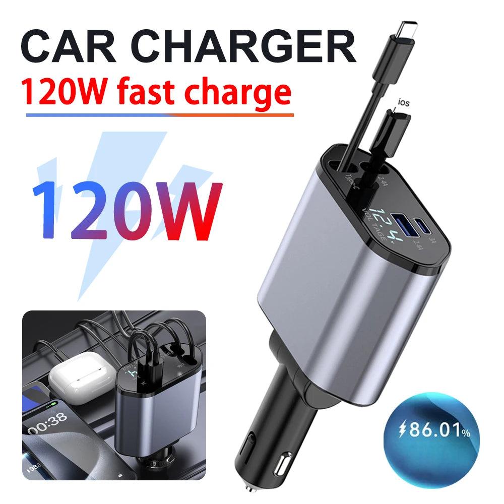 شارجور 120W للسيارة يركب في اللام سيقارات، فيه 4 مخارج (آيفون + تايب سي + HDMI) مع شحن سريع وفائق القوة
