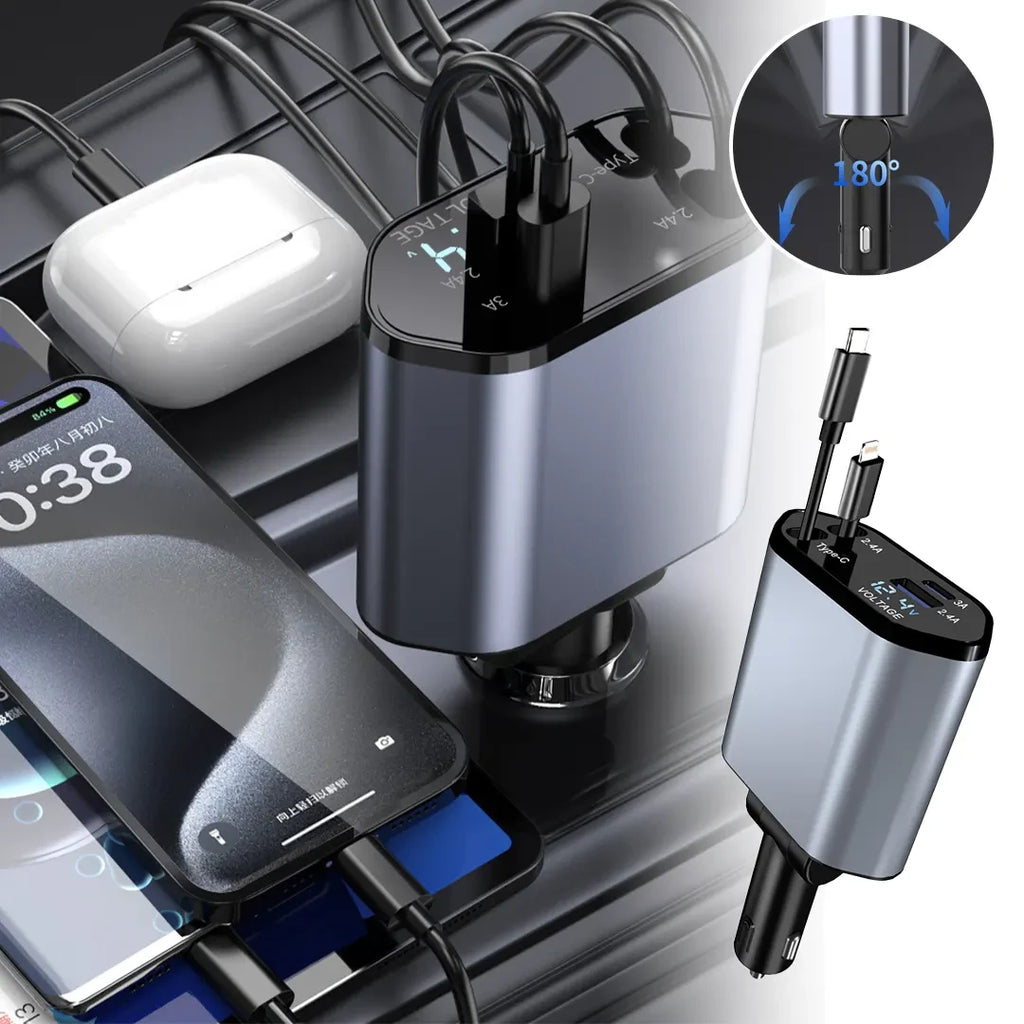 شارجور 120W للسيارة يركب في اللام سيقارات، فيه 4 مخارج (آيفون + تايب سي + HDMI) مع شحن سريع وفائق القوة