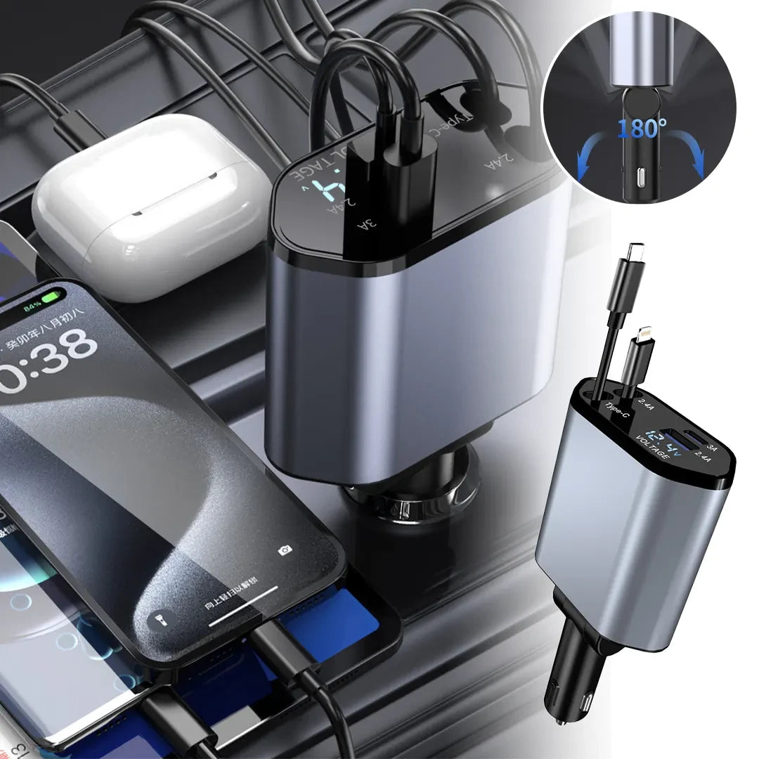 شارجور 120W للسيارة يركب في اللام سيقارات، فيه 4 مخارج (آيفون + تايب سي + HDMI) مع شحن سريع وفائق القوة