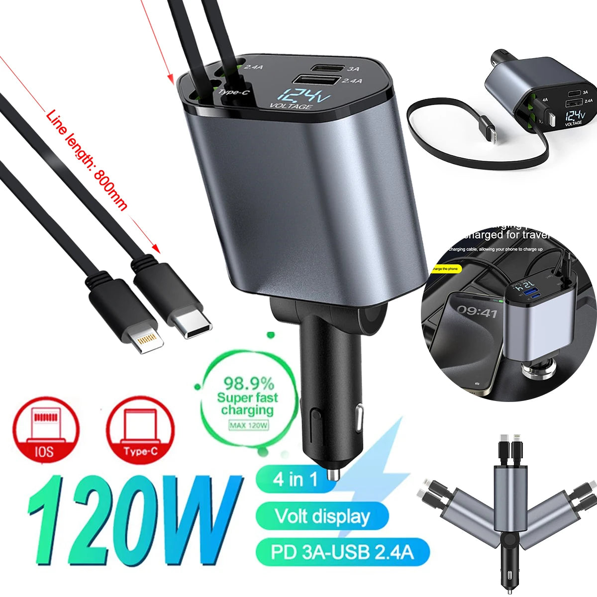 شارجور 120W للسيارة يركب في اللام سيقارات، فيه 4 مخارج (آيفون + تايب سي + HDMI) مع شحن سريع وفائق القوة